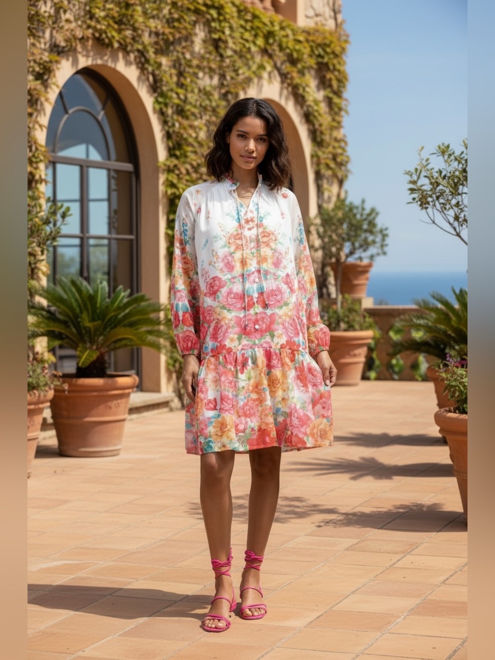 DALIA MACPHEE White Floral Long Sleeve Blouson Dress Large NWT Boho Cottage